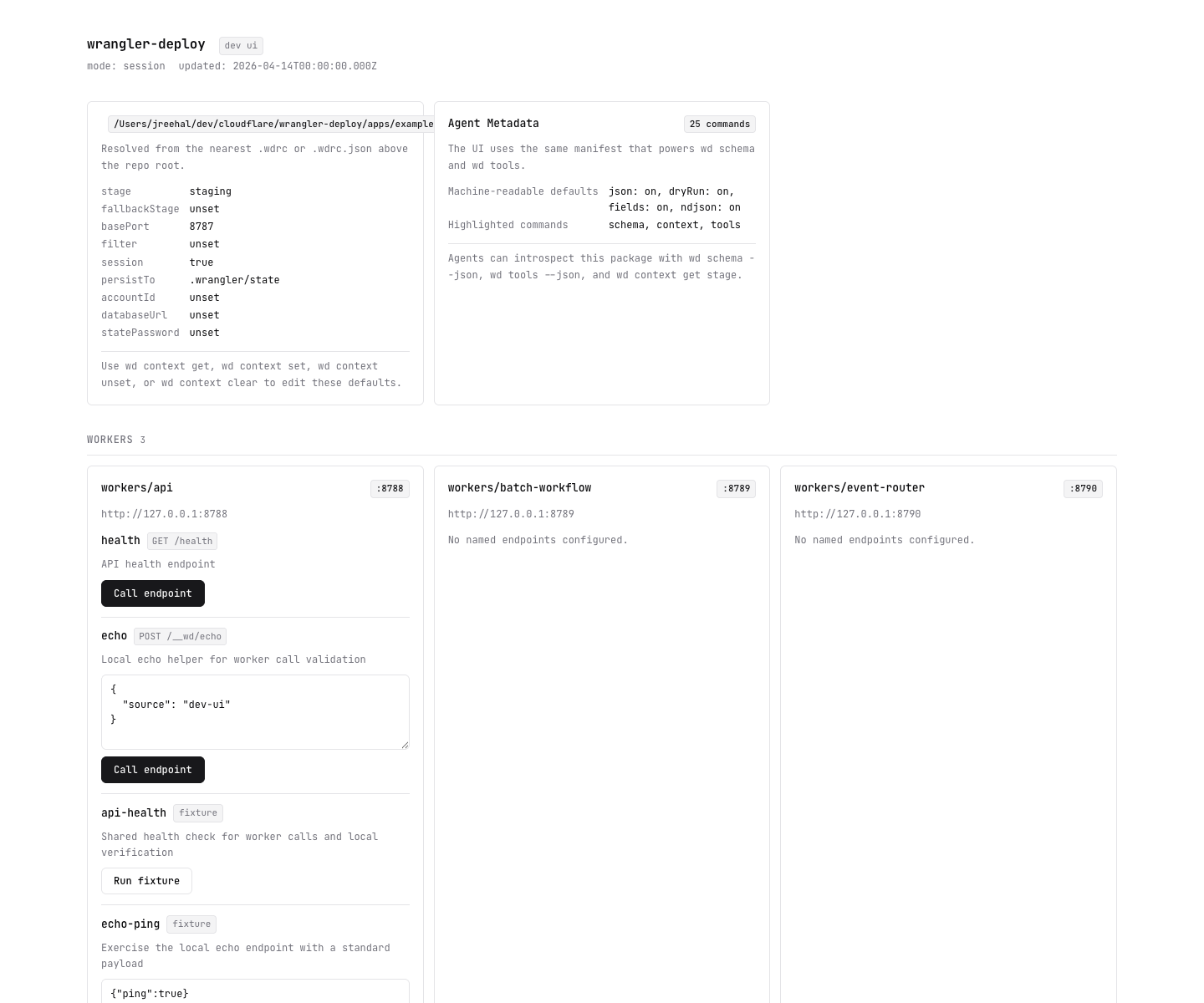 wrangler-deploy dev ui showing project defaults, agent metadata, workers, queues, D1 databases, and local routes